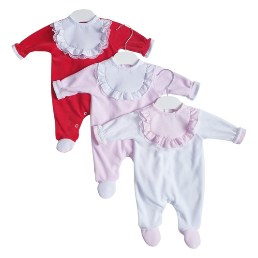 Baby Girls Frill & Lace Velour Babygrow White/Pink/Red