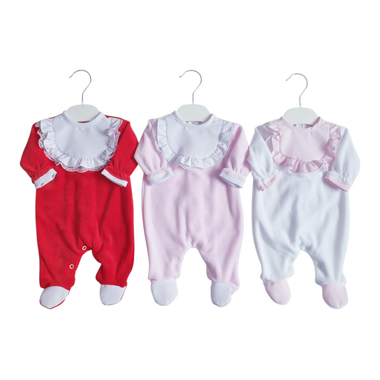 Baby Girls Frill & Lace Velour Babygrow White/Pink/Red