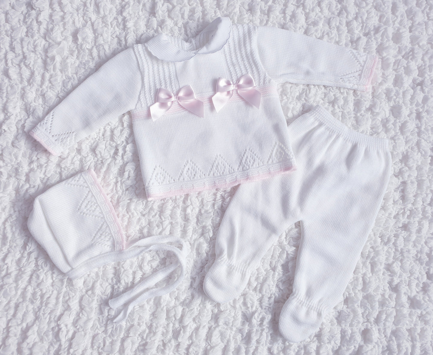 Baby Girls Spanish White Pink Knitted 3 Piece Set