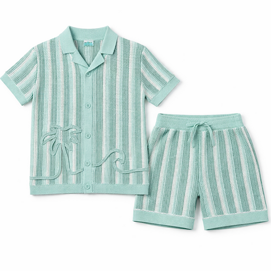Boys Green Stripe Knit Shorts Set