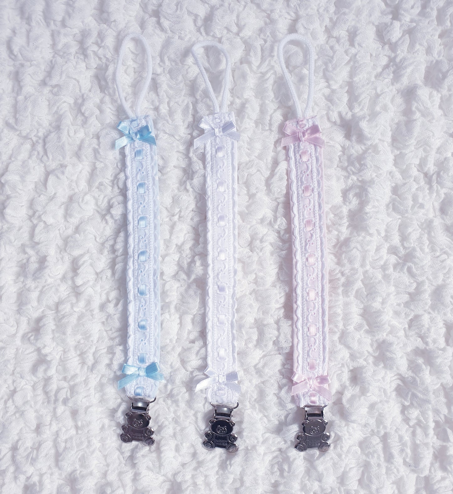Baby Spanish Ribbon Slot Teddy Dummy Clips Pink/Blue/White