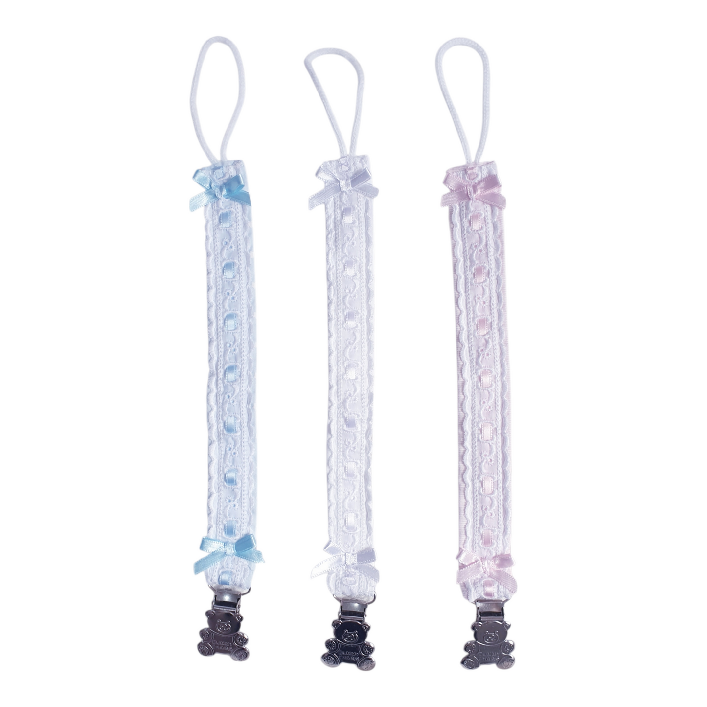 Baby Spanish Ribbon Slot Teddy Dummy Clips Pink/Blue/White