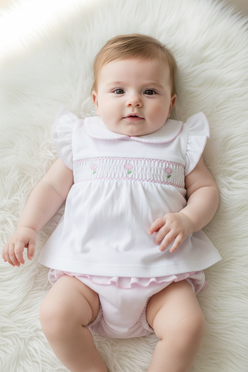 Baby Girls Pink Smocked Ruffle Jam Pants Set