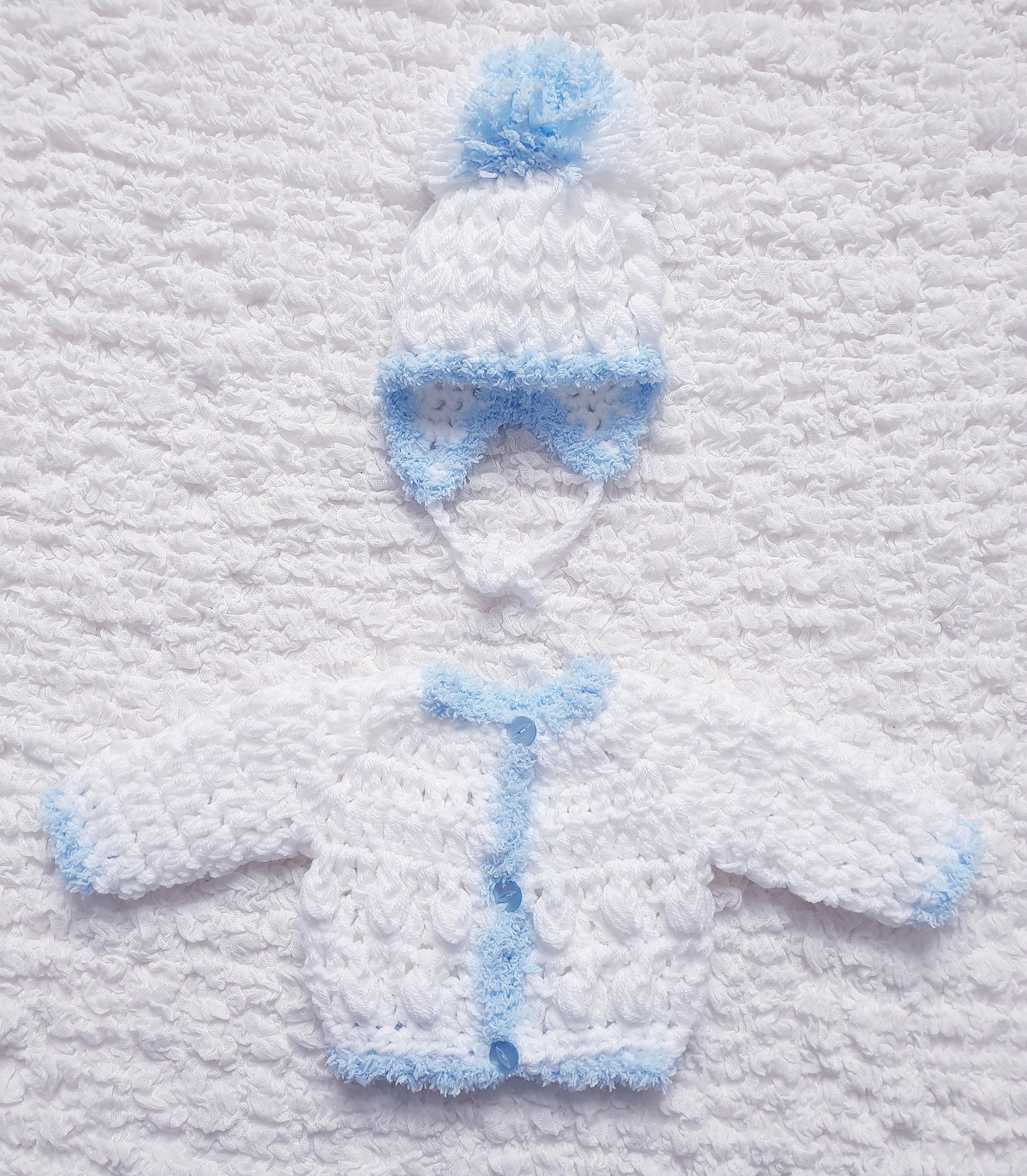 Baby Boys White Blue Hand Knitted Cardigan & Hat Set