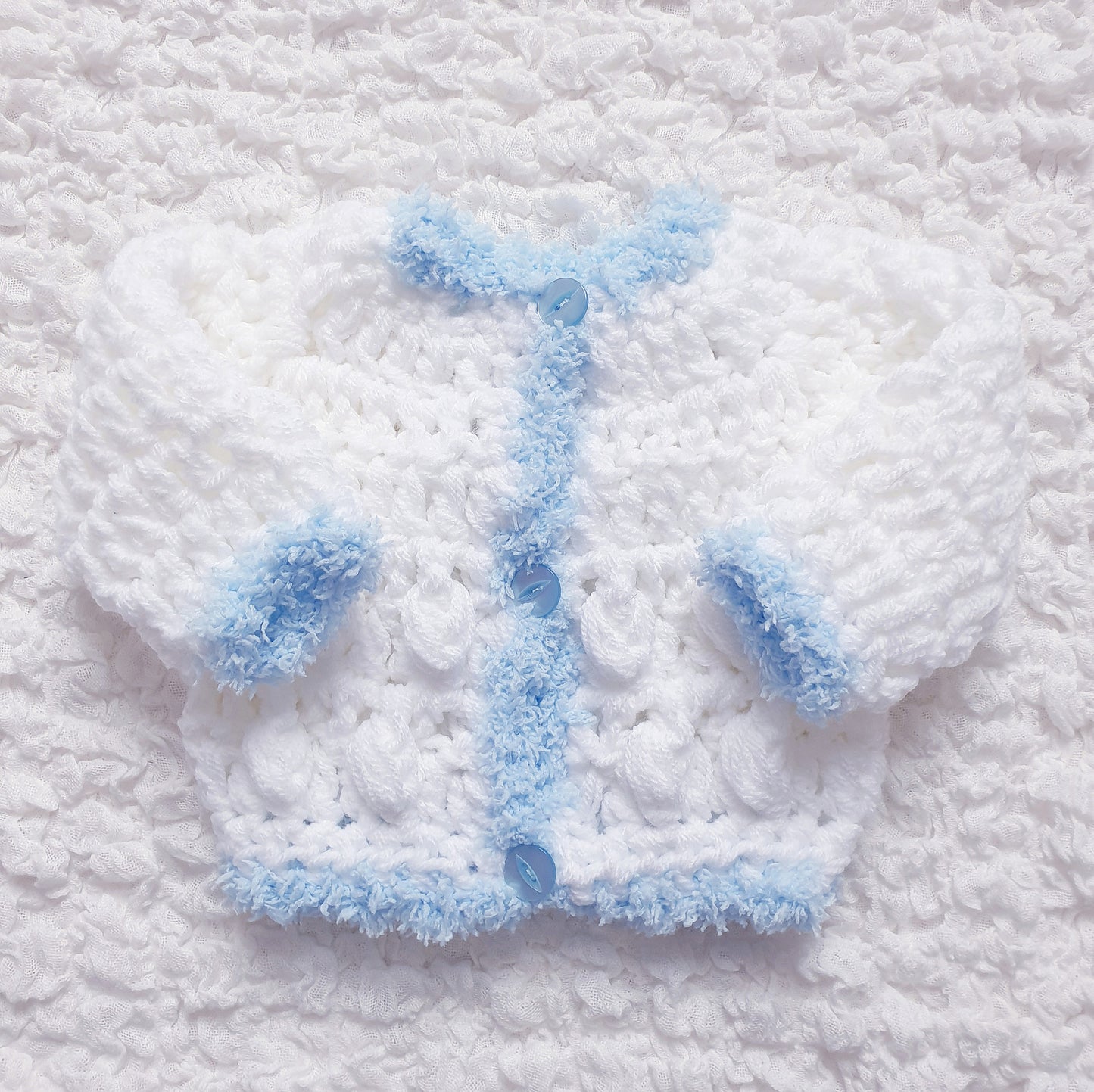 Baby Boys White Blue Hand Knitted Cardigan & Hat Set
