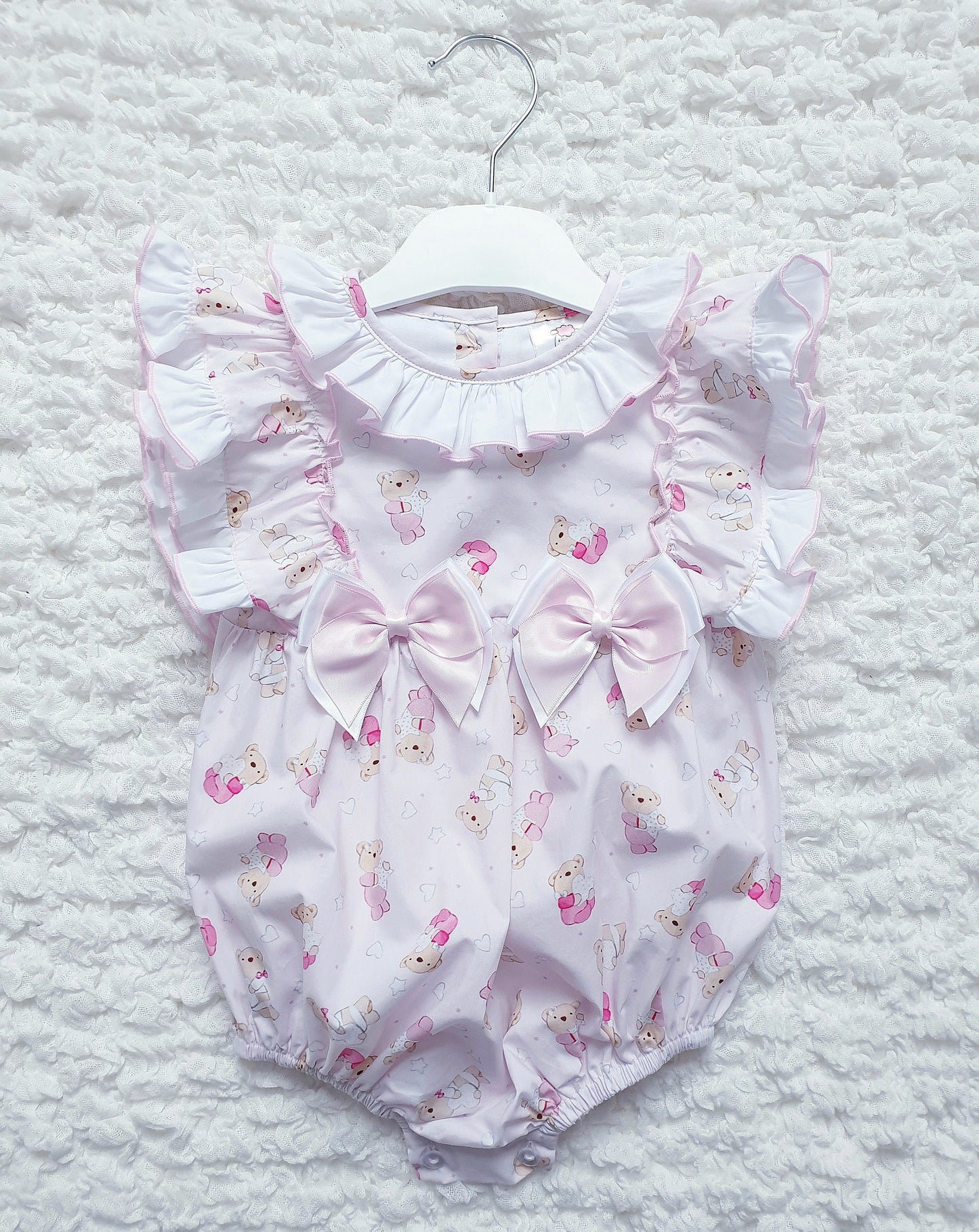 Baby Girls Pink Frill Shoulder Teddy Romper