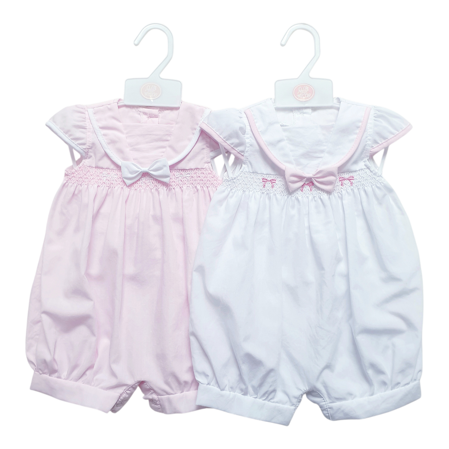 Baby Girls Smocked Bow Romper Pink White