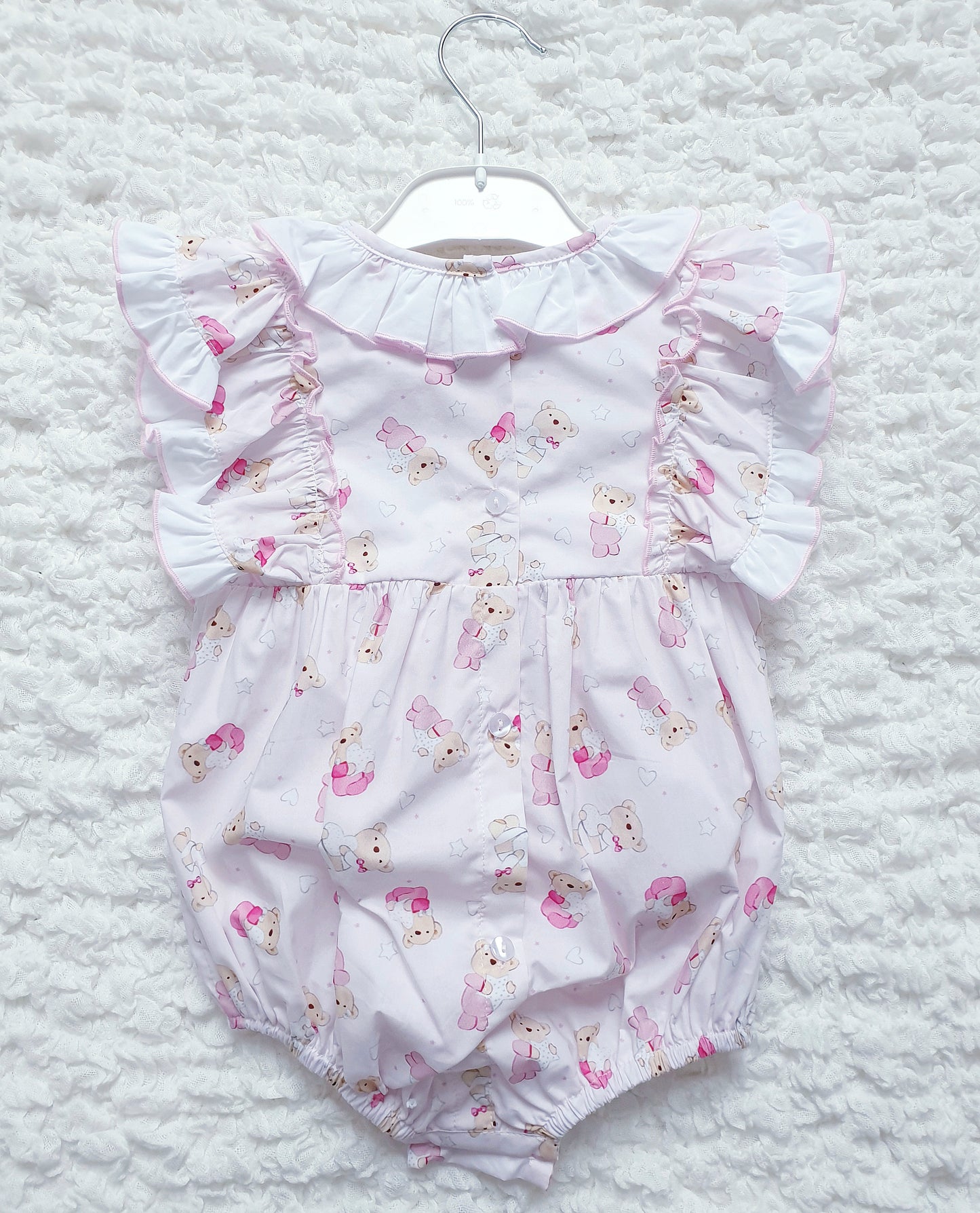 Baby Girls Pink Frill Shoulder Teddy Romper