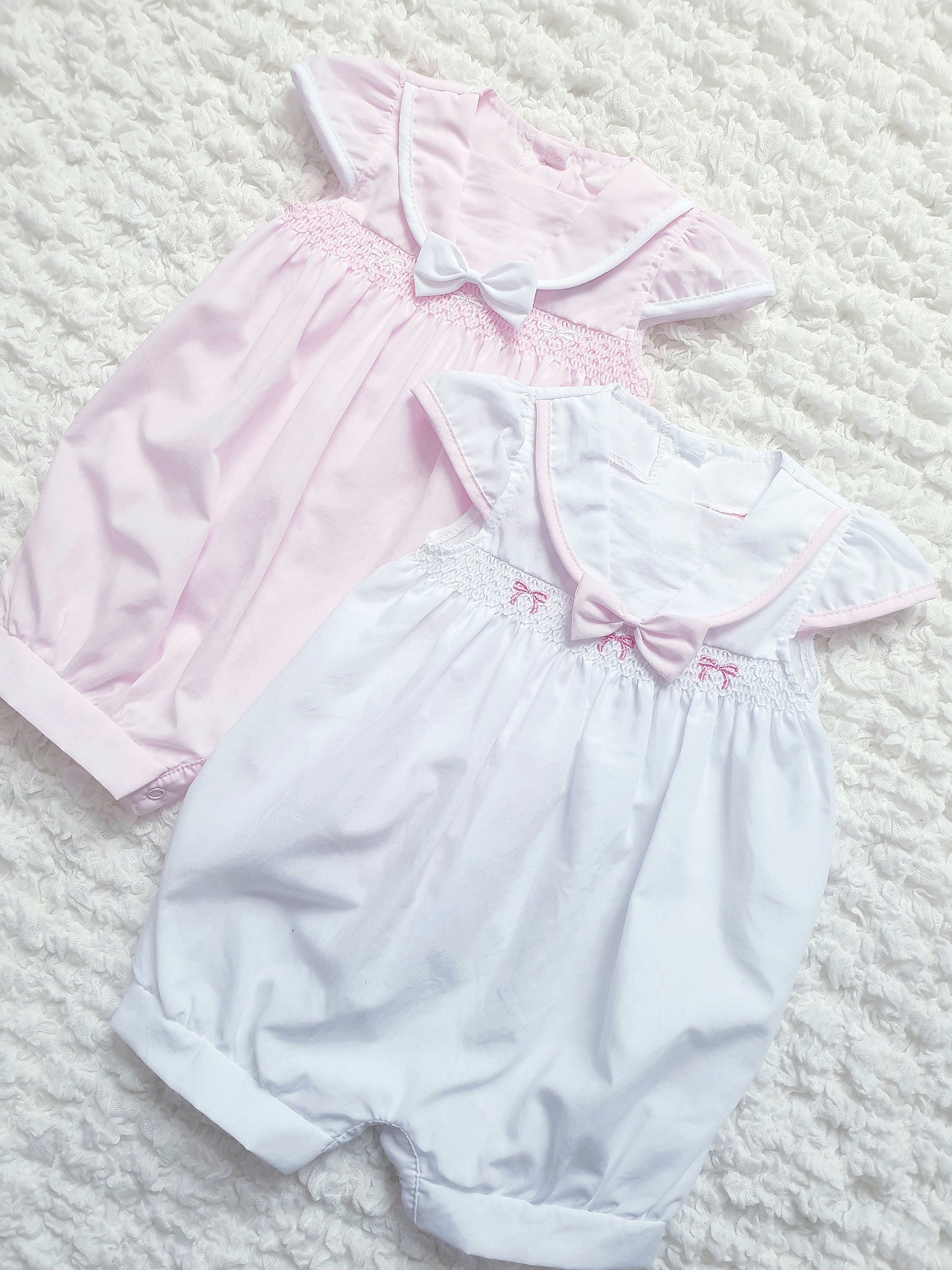 Baby Girls Smocked Bow Romper Pink White
