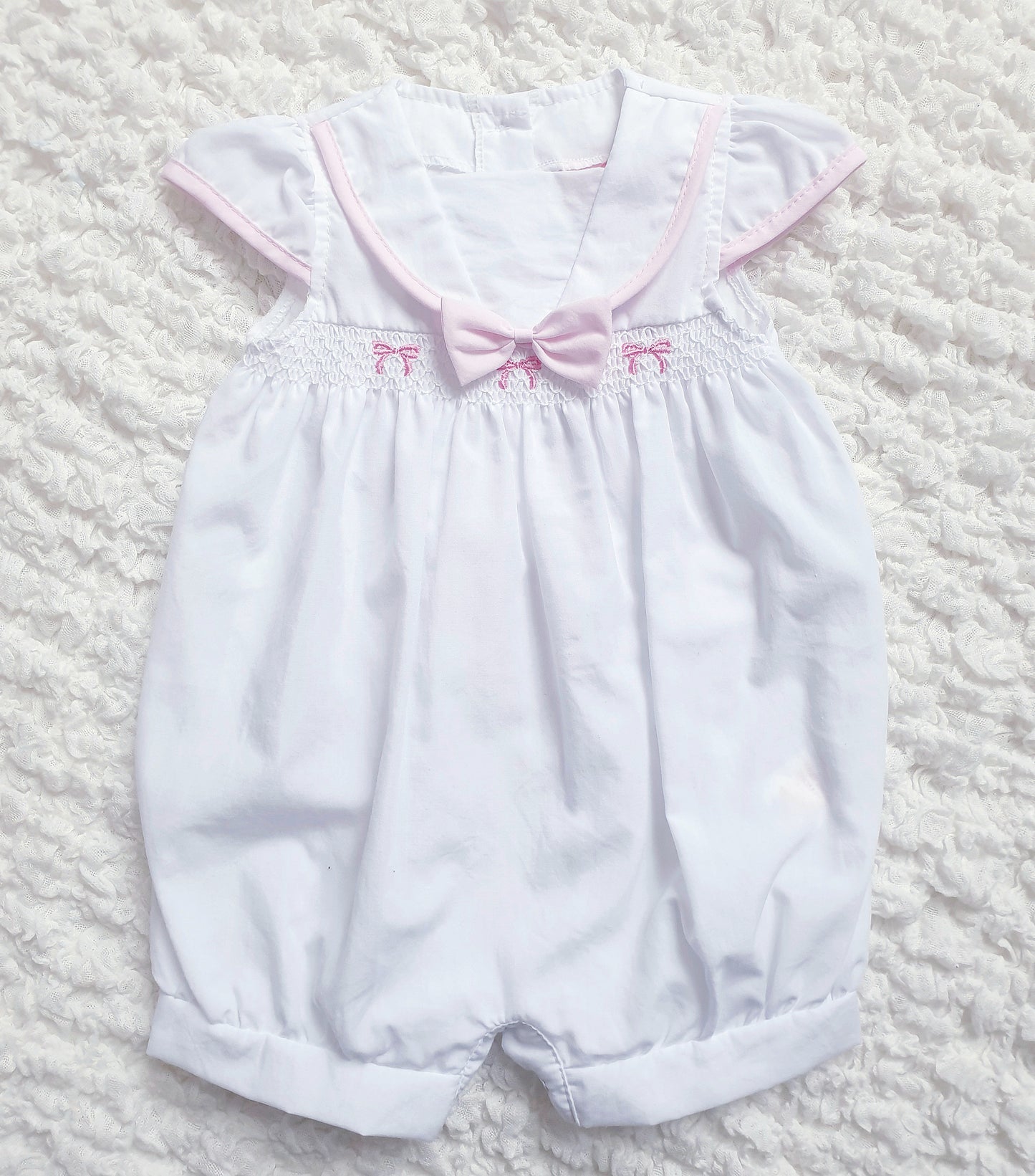 Baby Girls Smocked Bow Romper Pink White