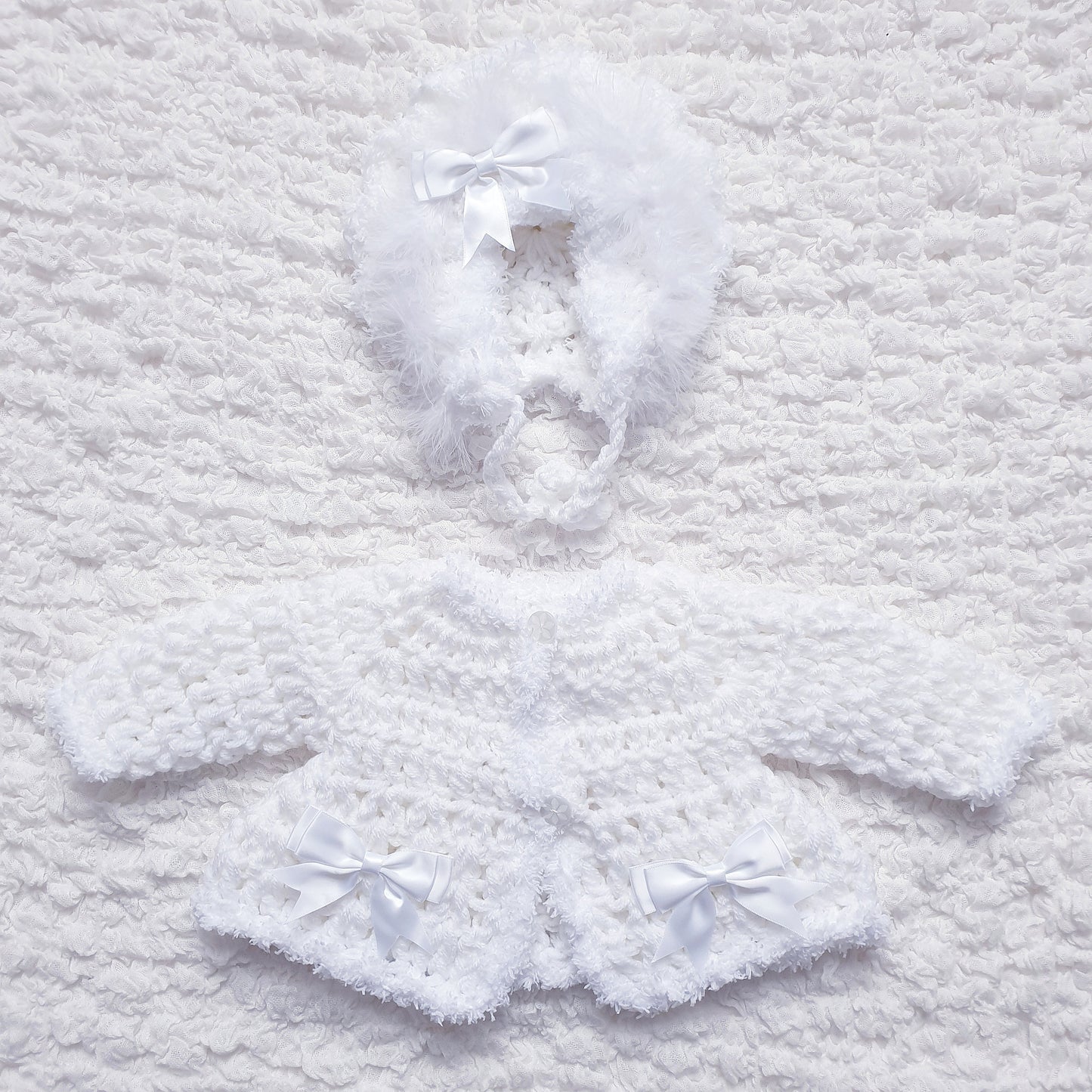 Baby Girls White Hand Knitted Cardigan & Bonnet Set