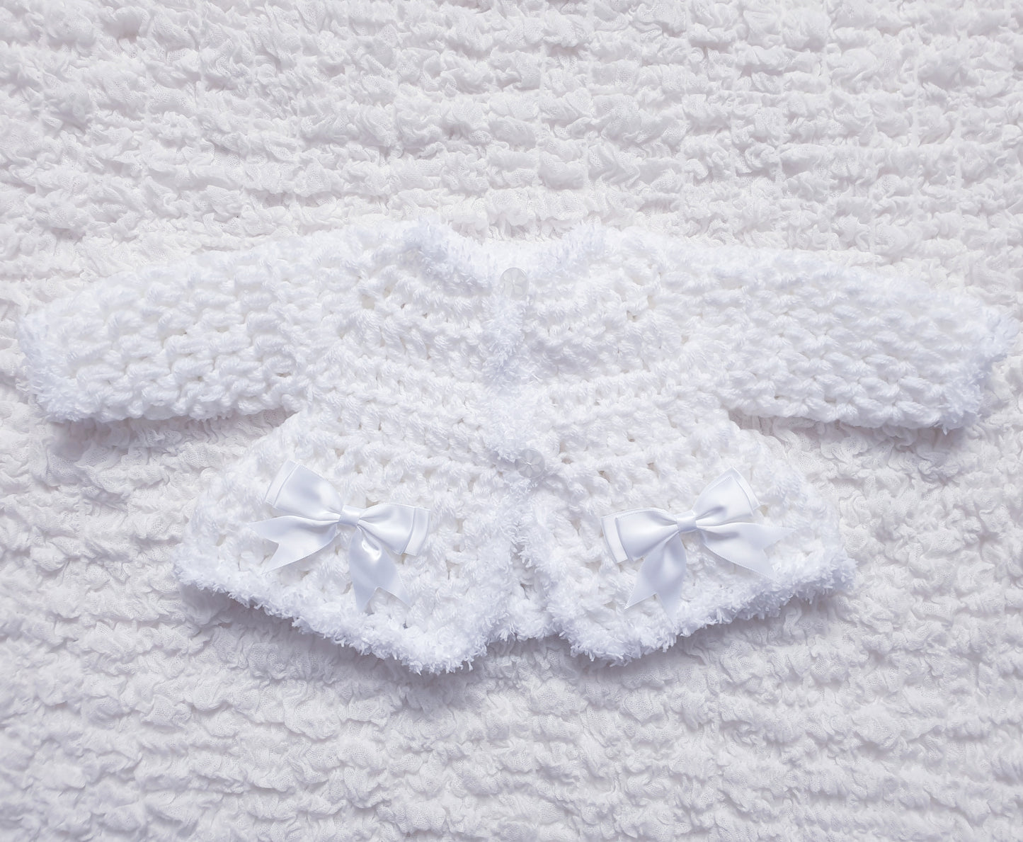 Baby Girls White Hand Knitted Cardigan & Bonnet Set
