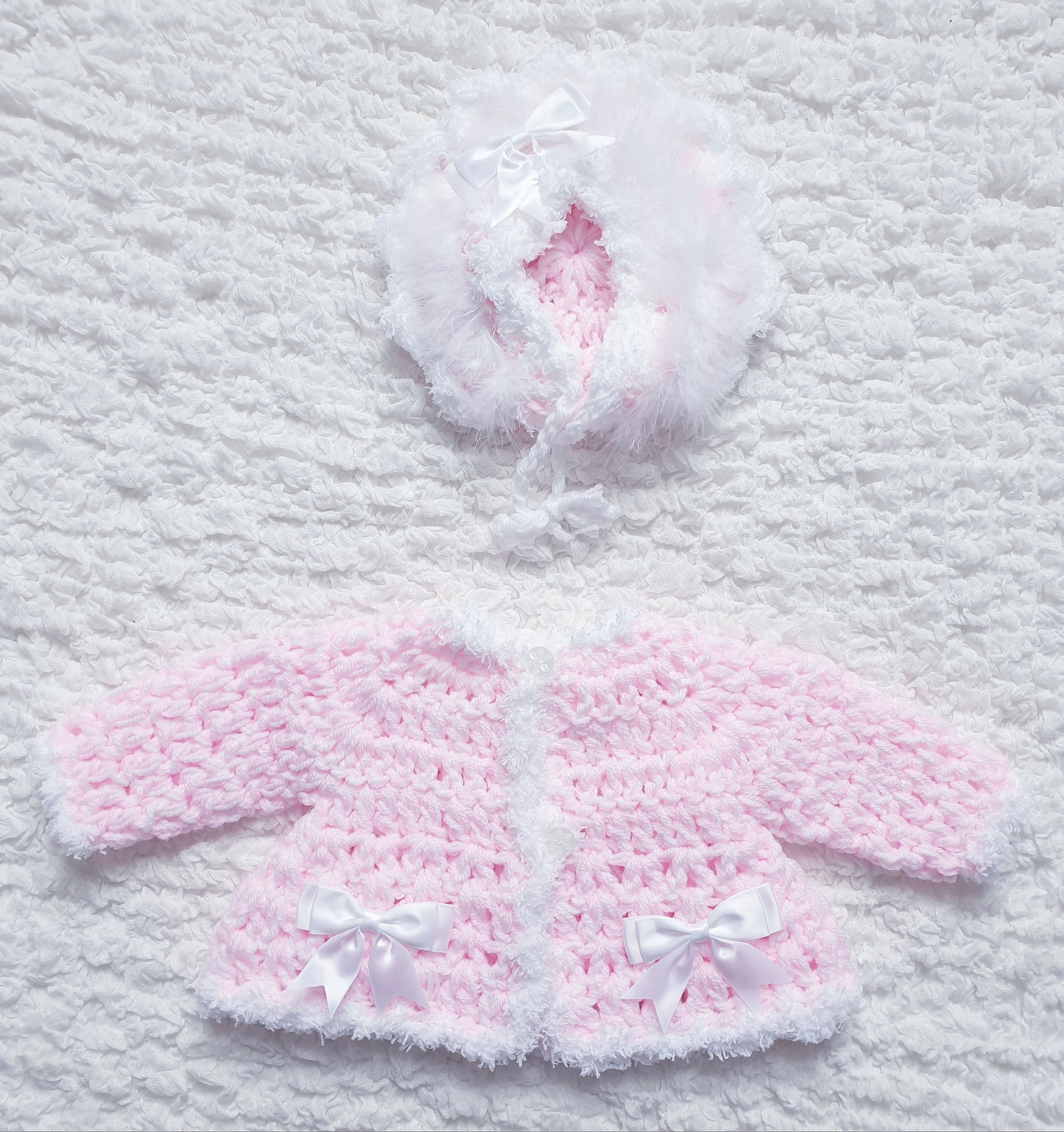 Baby Girls Pink/White Hand Knitted Cardigan & Hat Set
