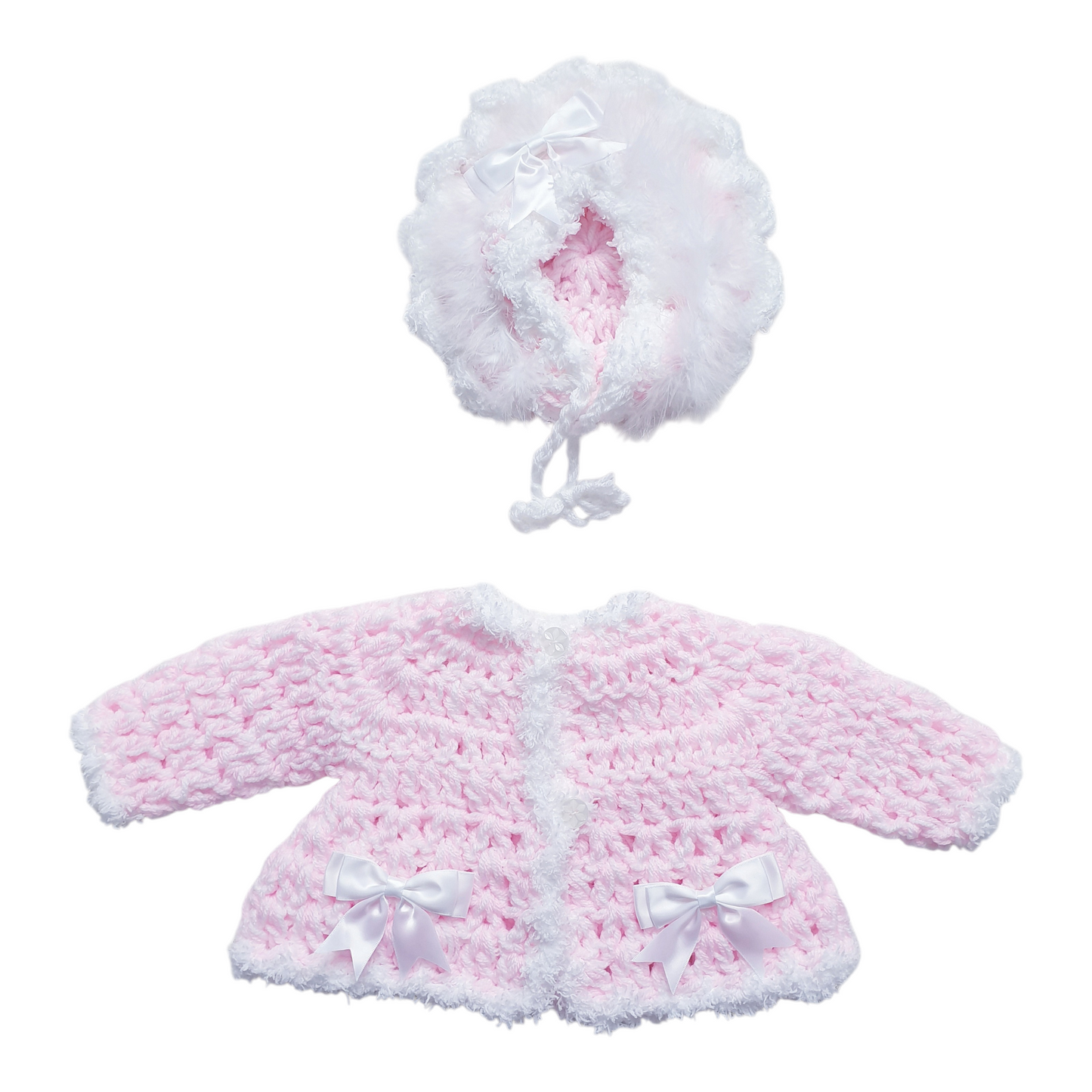 Baby Girls Pink/White Hand Knitted Cardigan & Hat Set