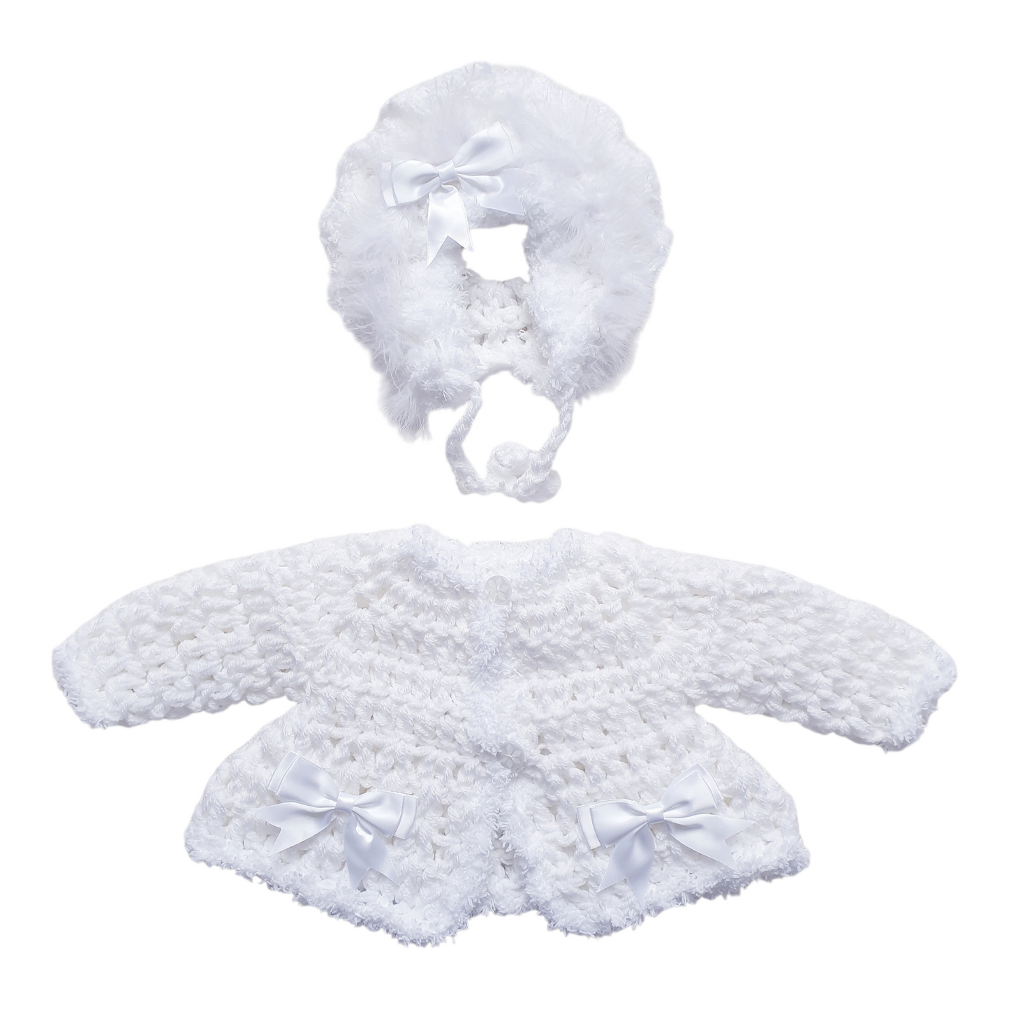 Baby Girls White Hand Knitted Cardigan & Bonnet Set