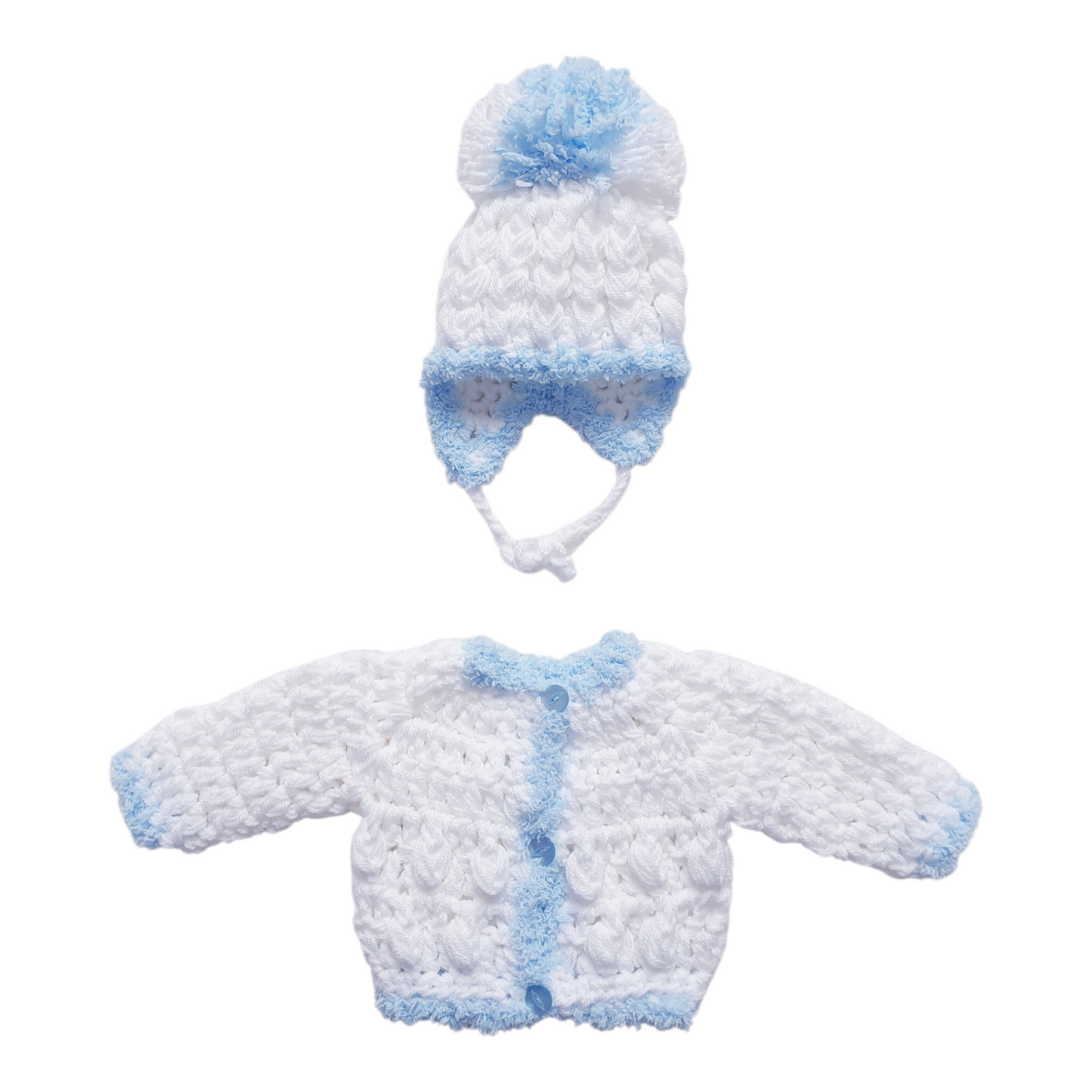 Baby Boys White Blue Hand Knitted Cardigan & Hat Set