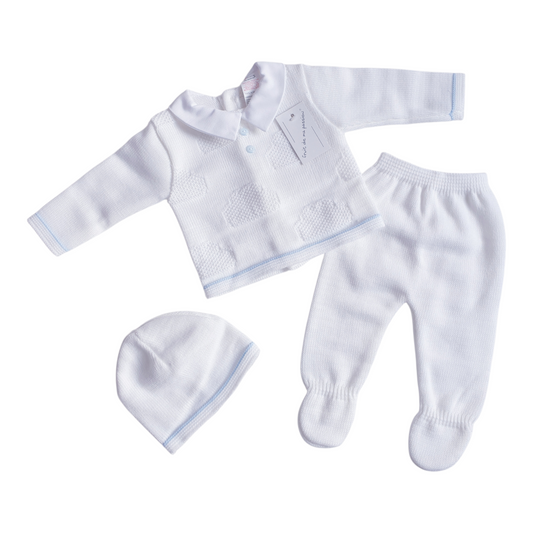 Baby Boys Spanish White Blue Knitted 3 Piece Box Set