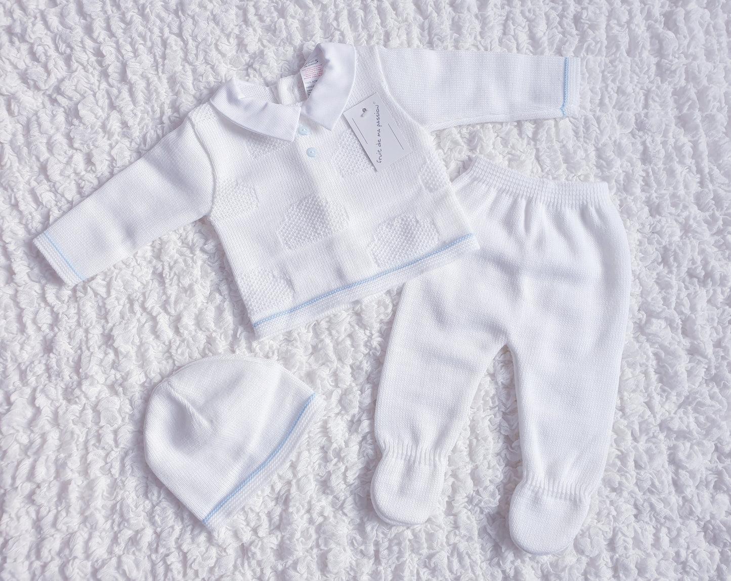 Baby Boys Spanish White Blue Knitted 3 Piece Box Set