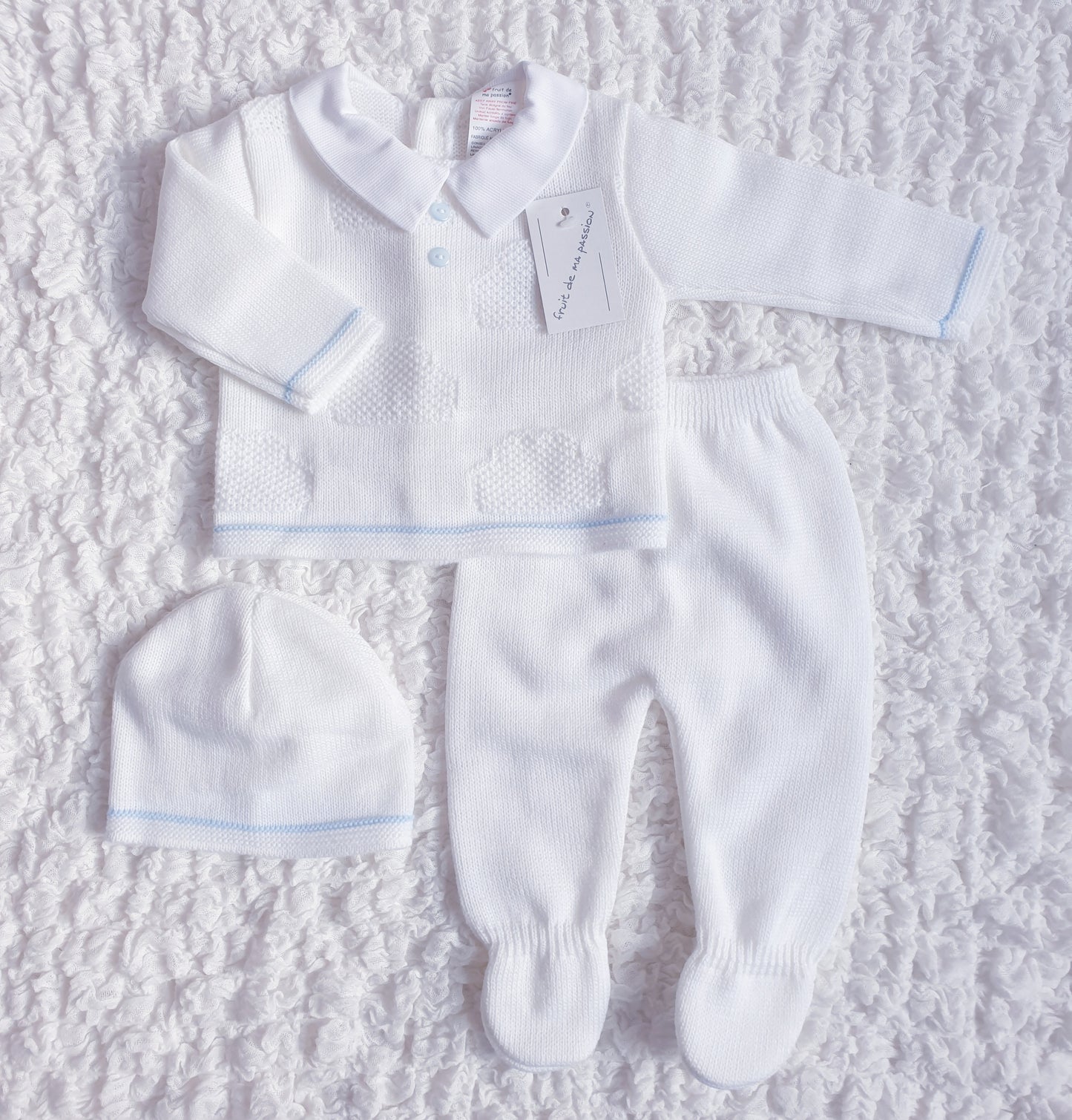 Baby Boys Spanish White Blue Knitted 3 Piece Box Set