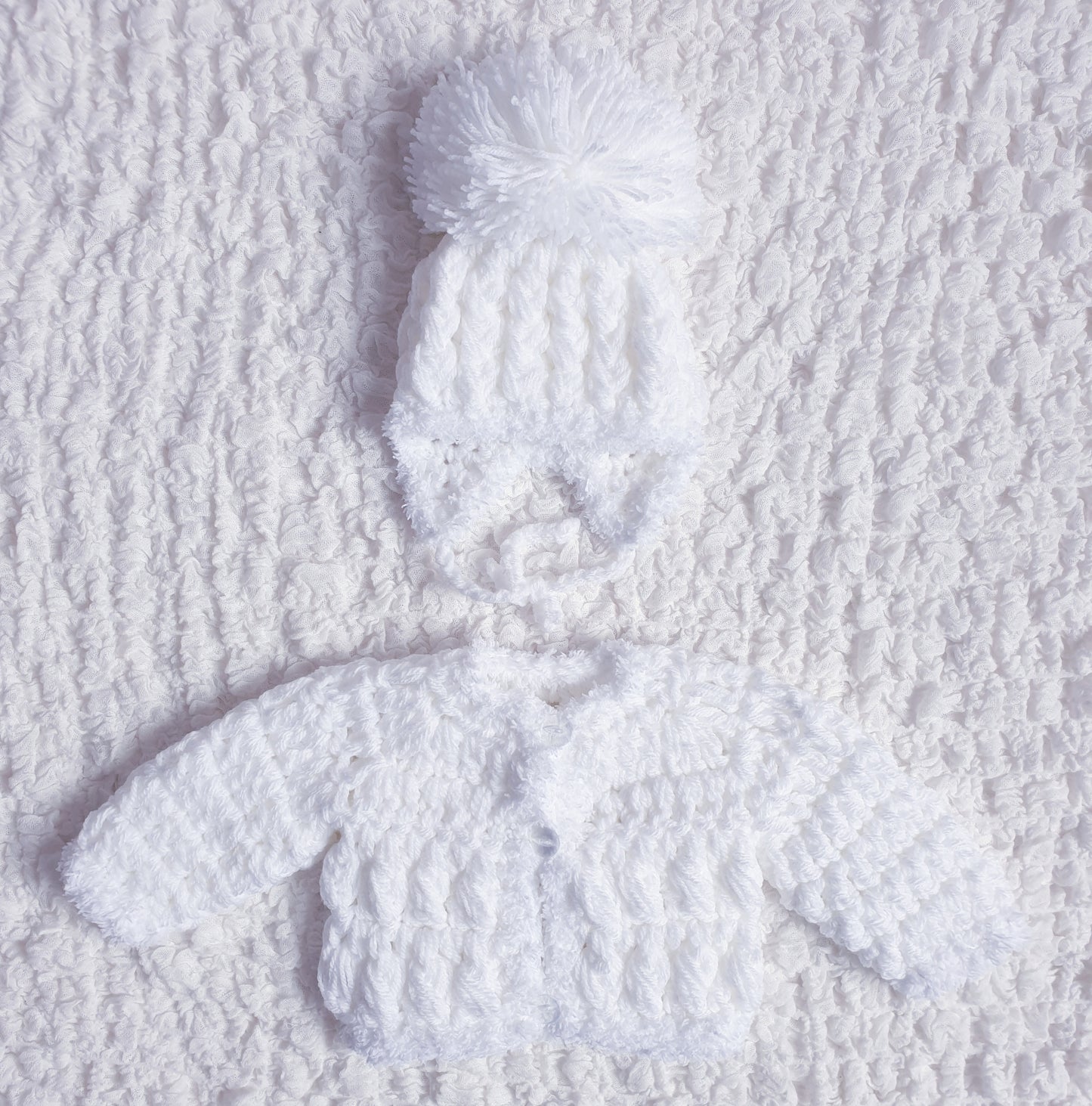 Baby White Hand Knitted Cardigan & Hat Set