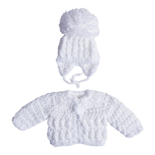 Baby White Hand Knitted Cardigan & Hat Set