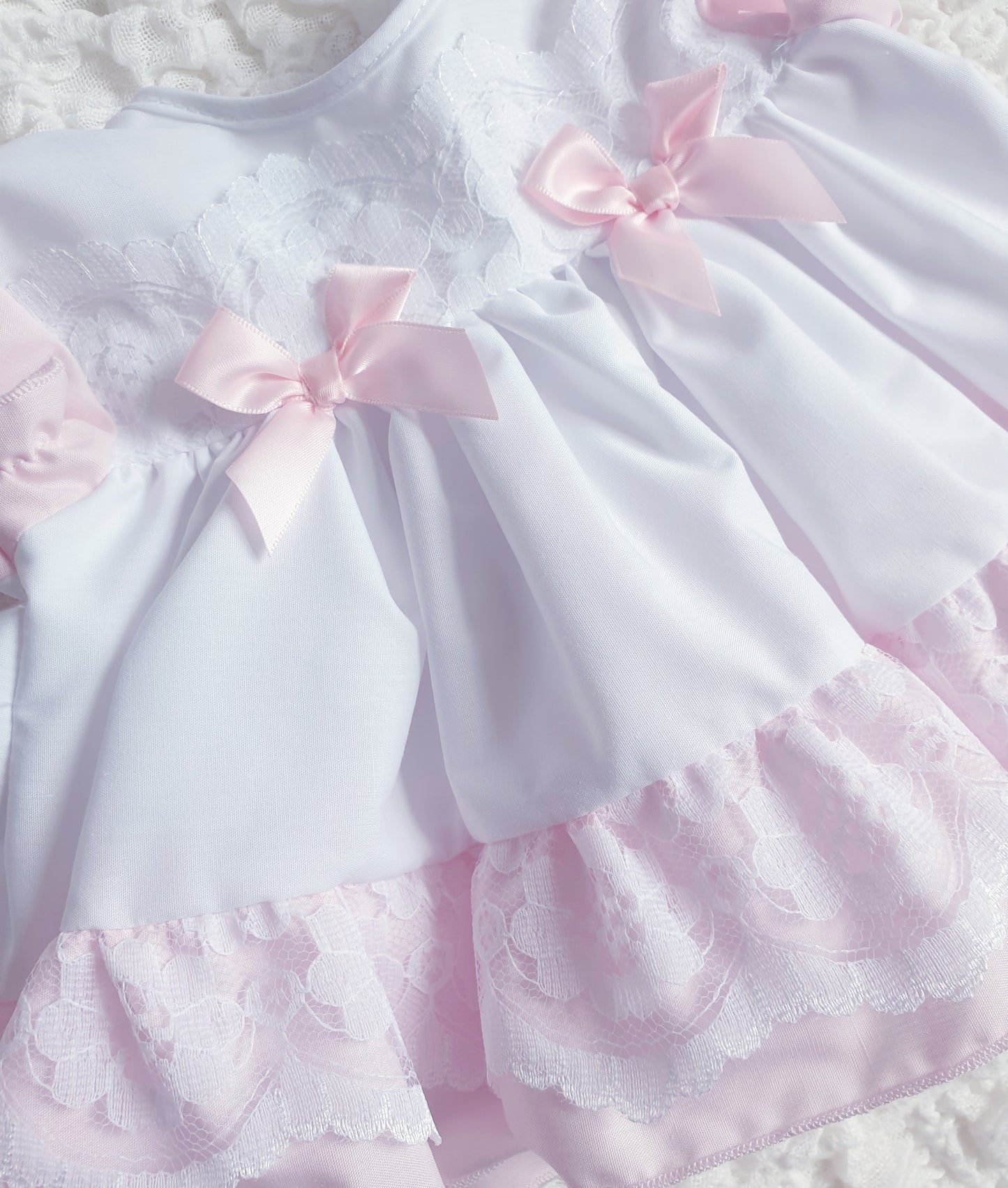 Baby Girls White Pink Lace & Bows Puff Ball Dress