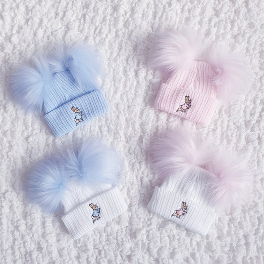 Baby Girls Boys Newborn Peter Rabbit Double Pom Pom Hat