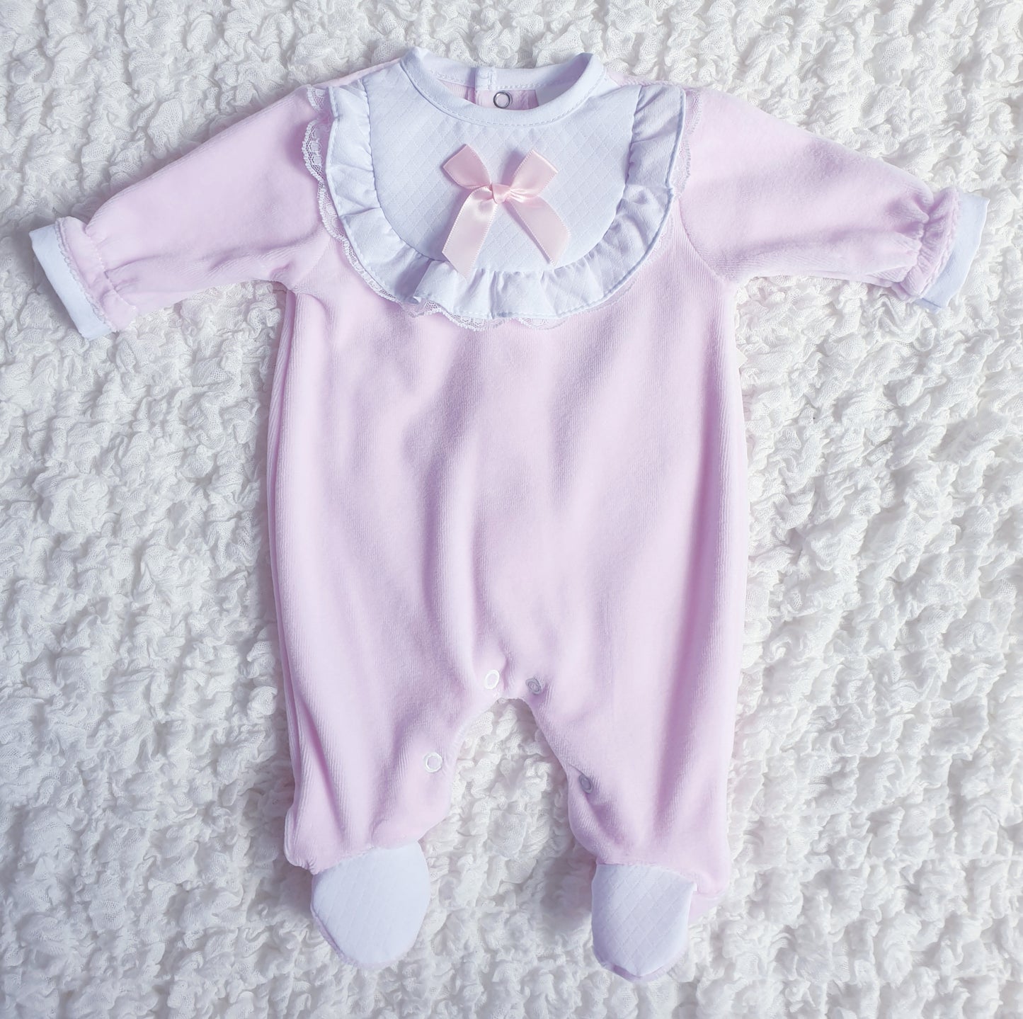 Baby Girls Frill & Bow Velour Babygrow White Pink