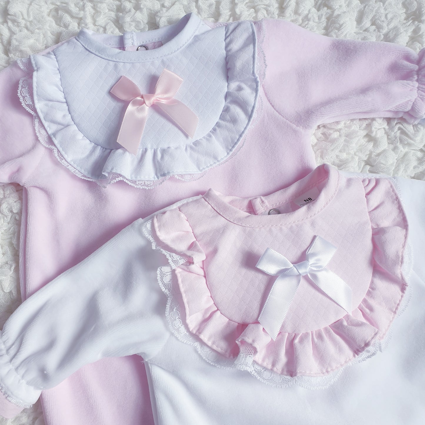 Baby Girls Frill & Bow Velour Babygrow White Pink