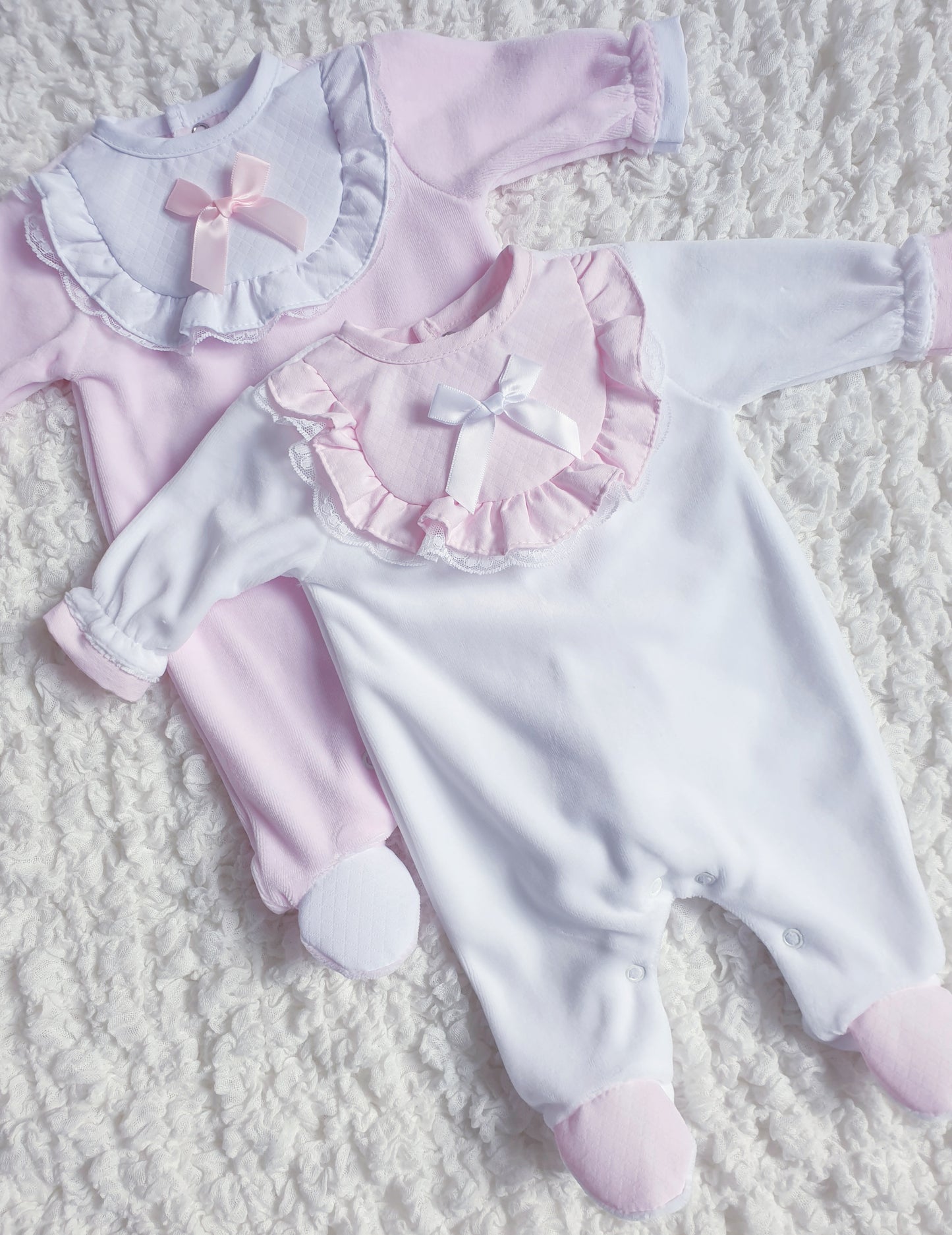 Baby Girls Frill & Bow Velour Babygrow White Pink