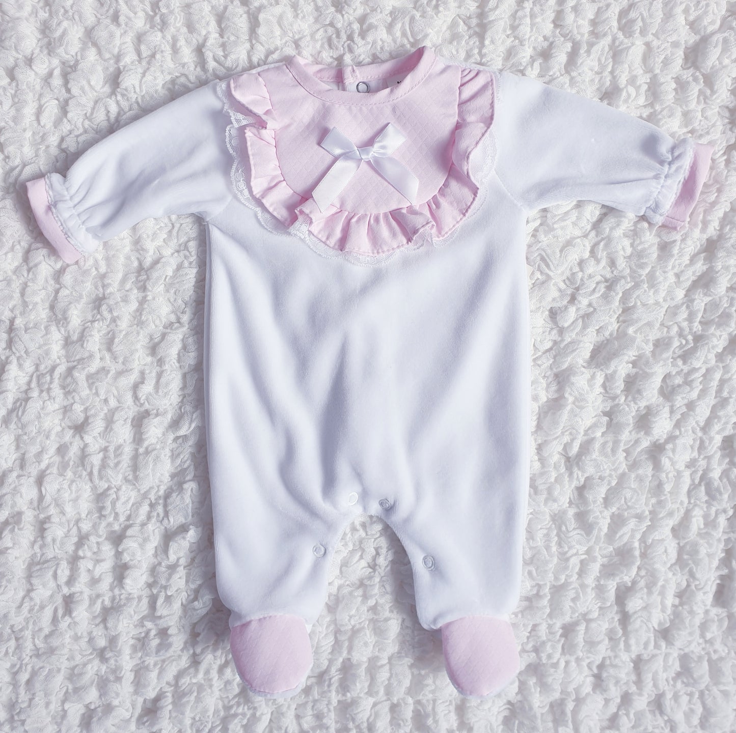 Baby Girls Frill & Bow Velour Babygrow White Pink