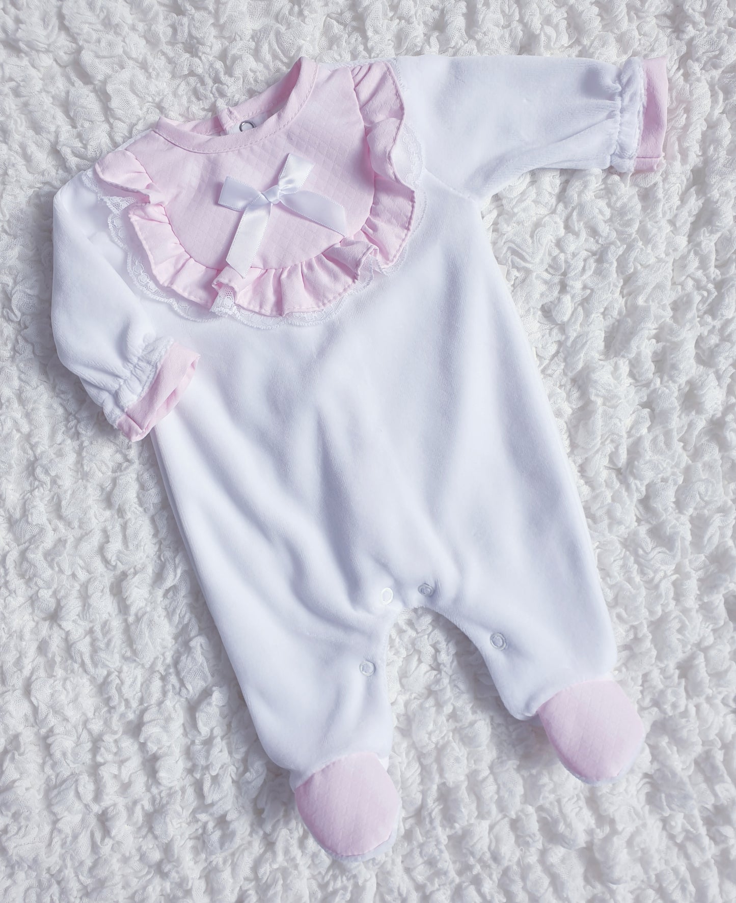 Baby Girls Frill & Bow Velour Babygrow White Pink