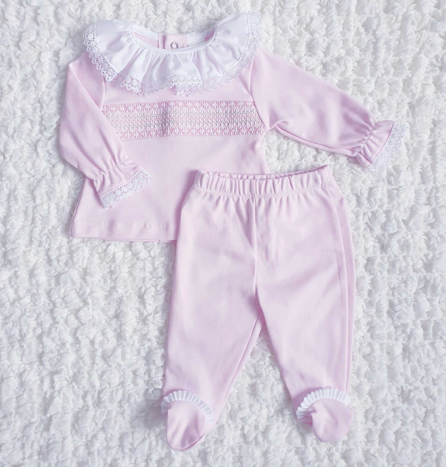 Baby Girls Spanish Smocked 2 Piece Set Pink White Lemon