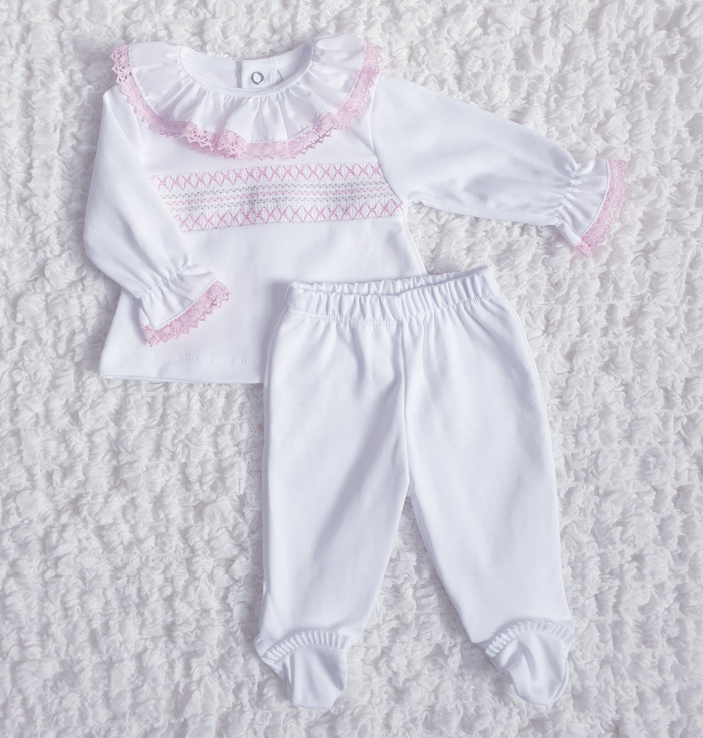 Baby Girls Spanish Smocked 2 Piece Set Pink White Lemon