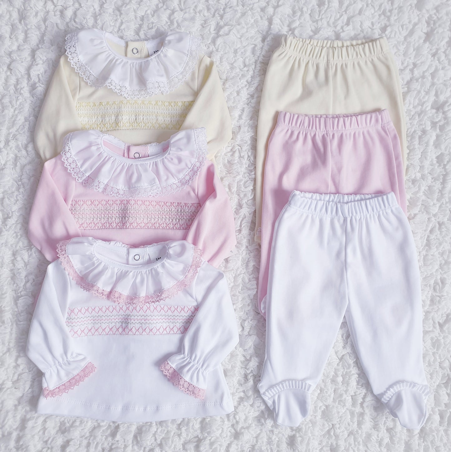 Baby Girls Spanish Smocked 2 Piece Set Pink White Lemon