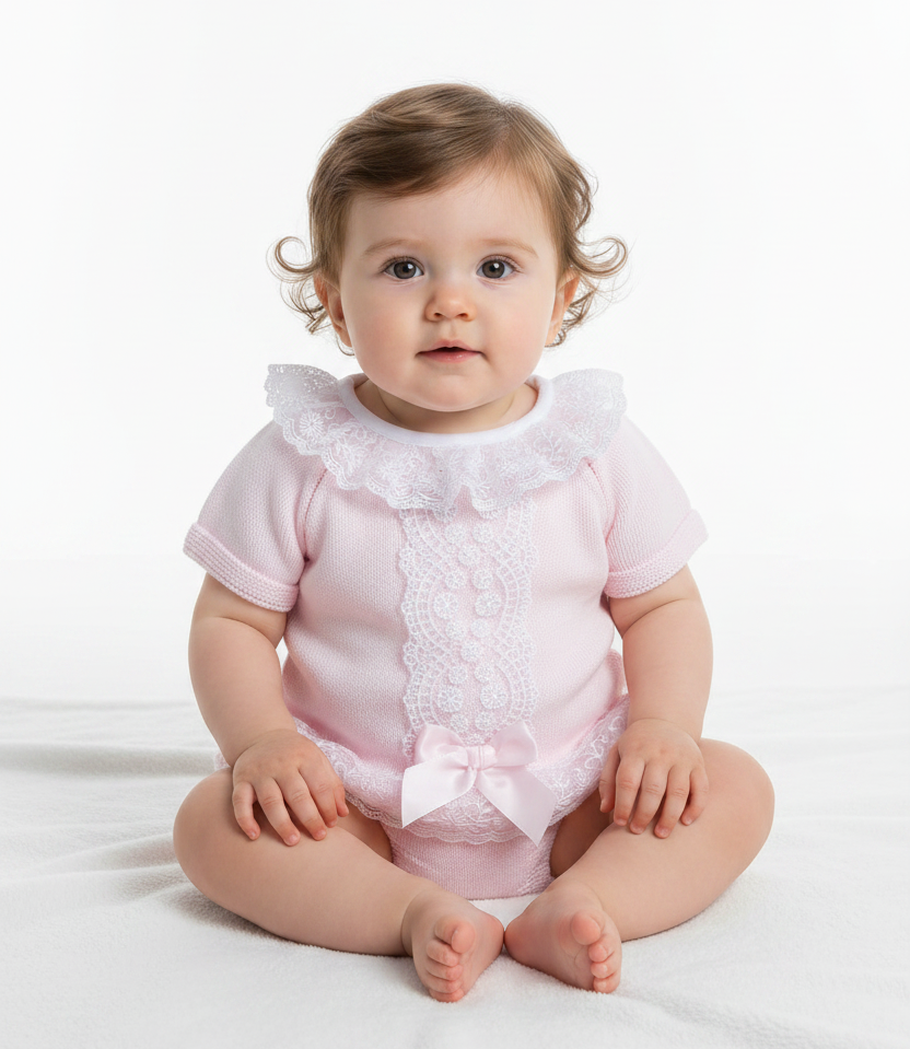 Baby Girls Lace & Bow Jam Pants Set Pink Lemon