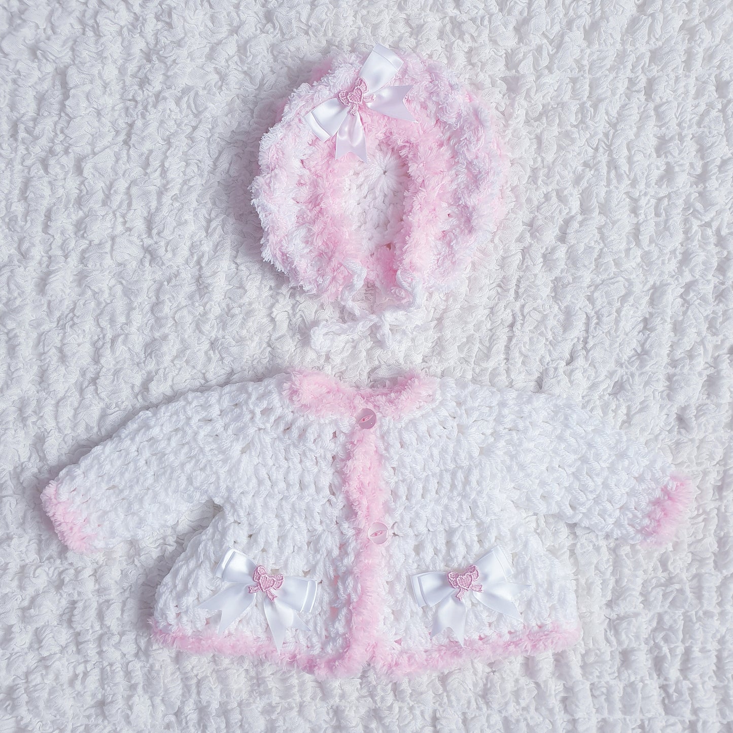 Baby Girls White/Pink Hand Knitted Cardigan & Hat Set