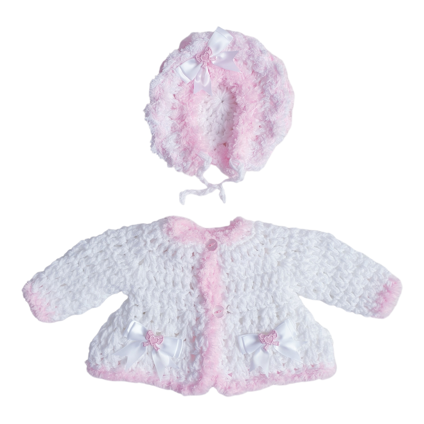Baby Girls White/Pink Hand Knitted Cardigan & Hat Set