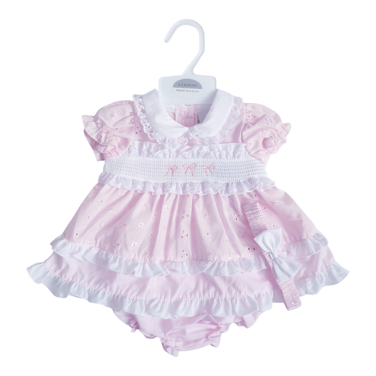 Baby Girls Pink Smocked Broderie Anglaise Dress Set