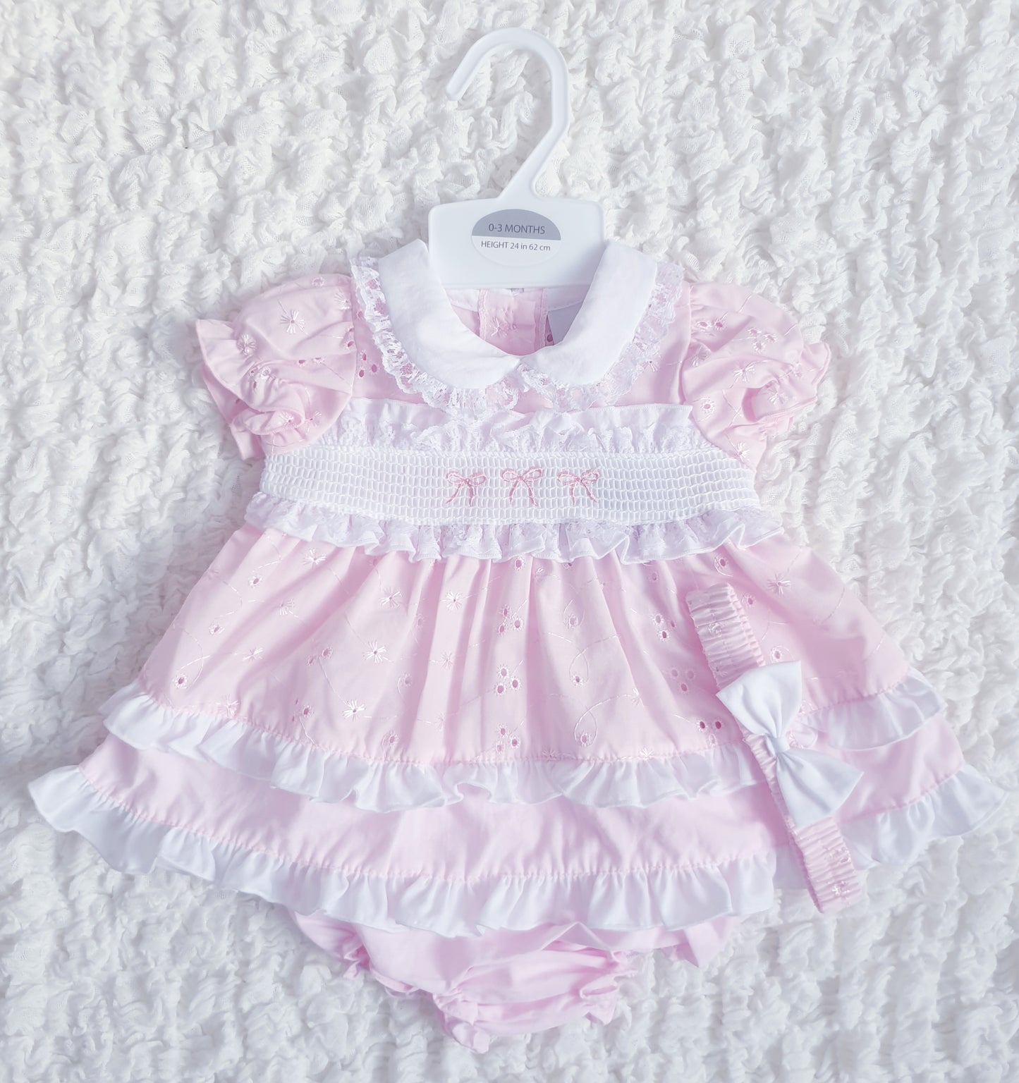 Baby Girls Pink Smocked Broderie Anglaise Dress Set