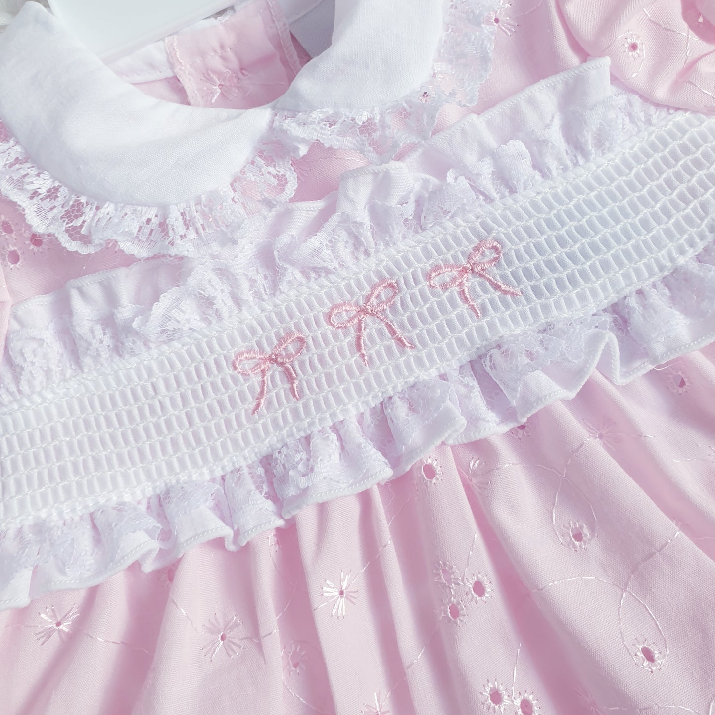 Baby Girls Pink Smocked Broderie Anglaise Dress Set