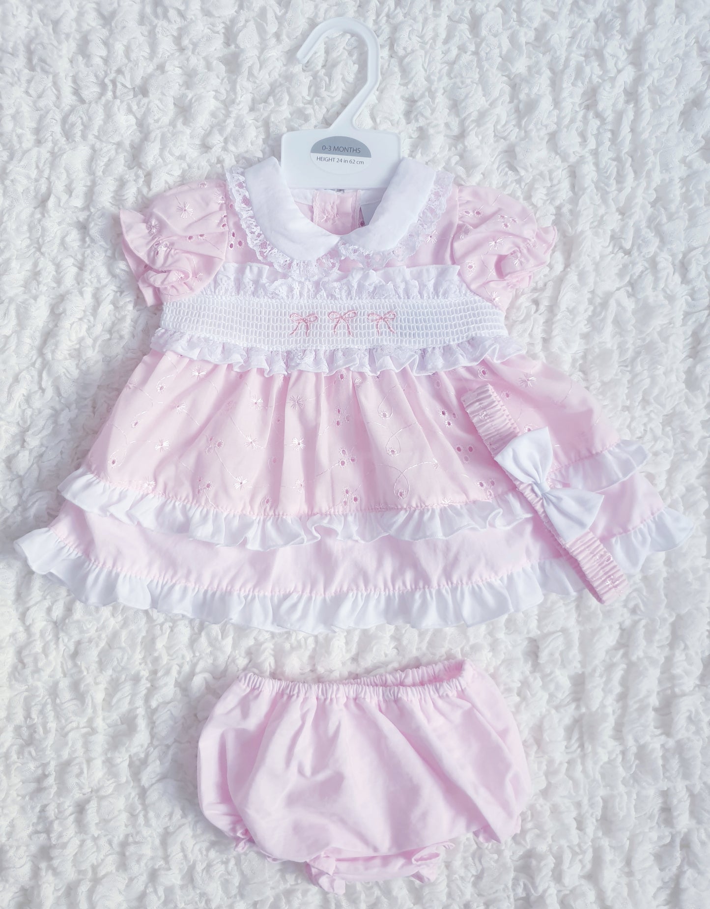 Baby Girls Pink Smocked Broderie Anglaise Dress Set