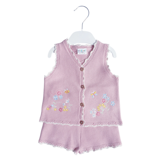 Girls Dusky Pink Knitted Shorts Set