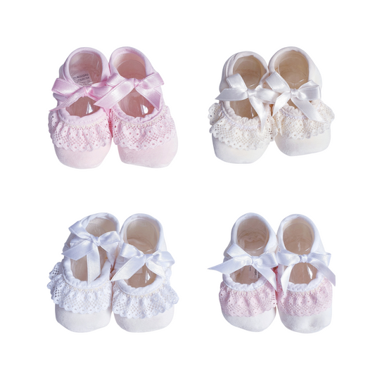 Baby Girls Ribbon Bow Lace Trim Booties