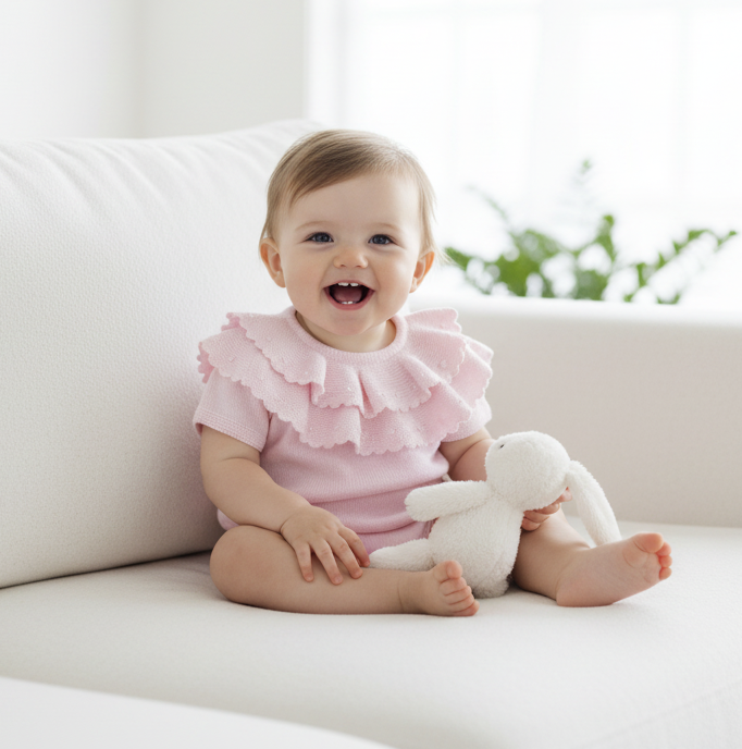 Baby Girls Pink Spanish Frilly Collar Knitted Romper