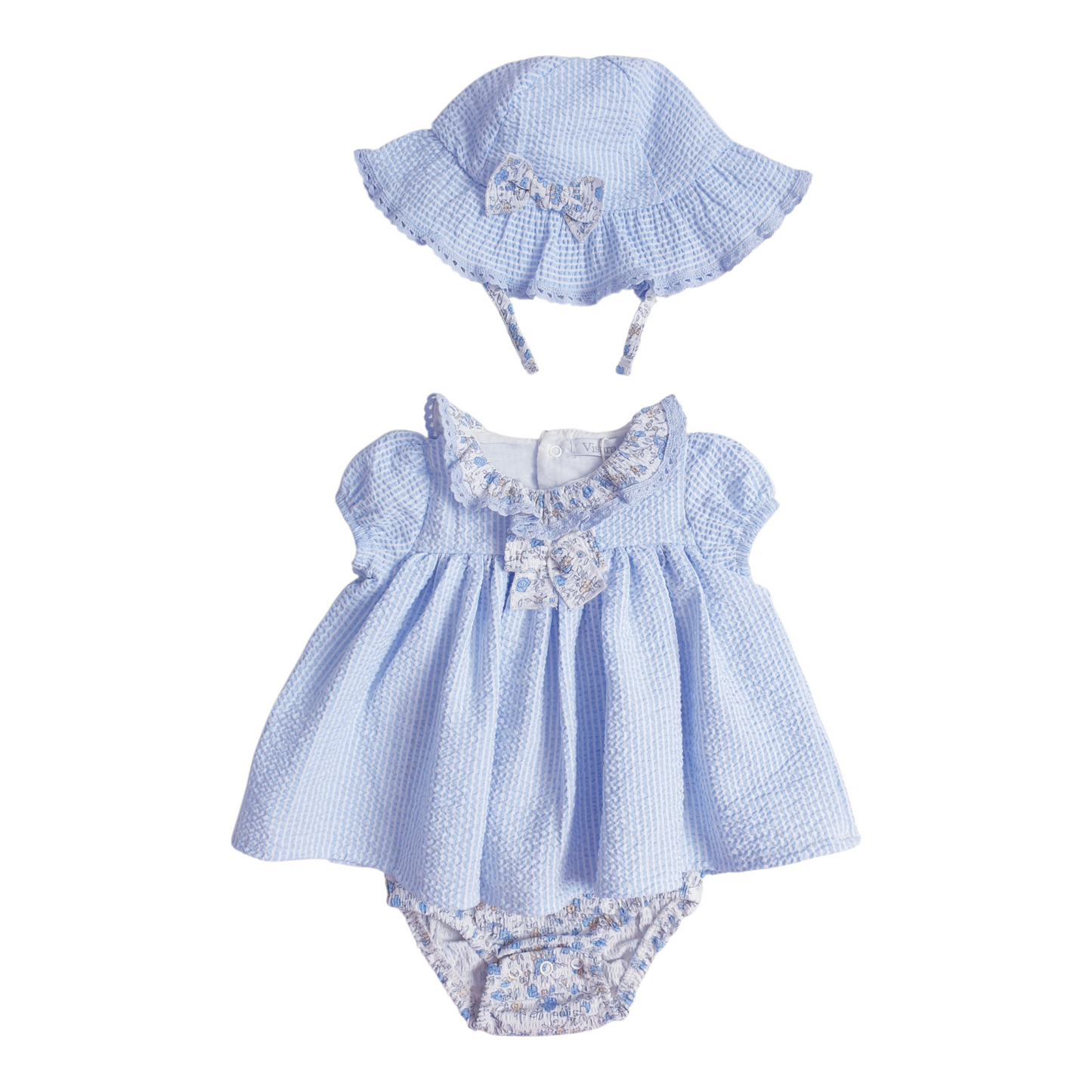 Baby Girls Blue Floral Dress Romper & Sun Hat