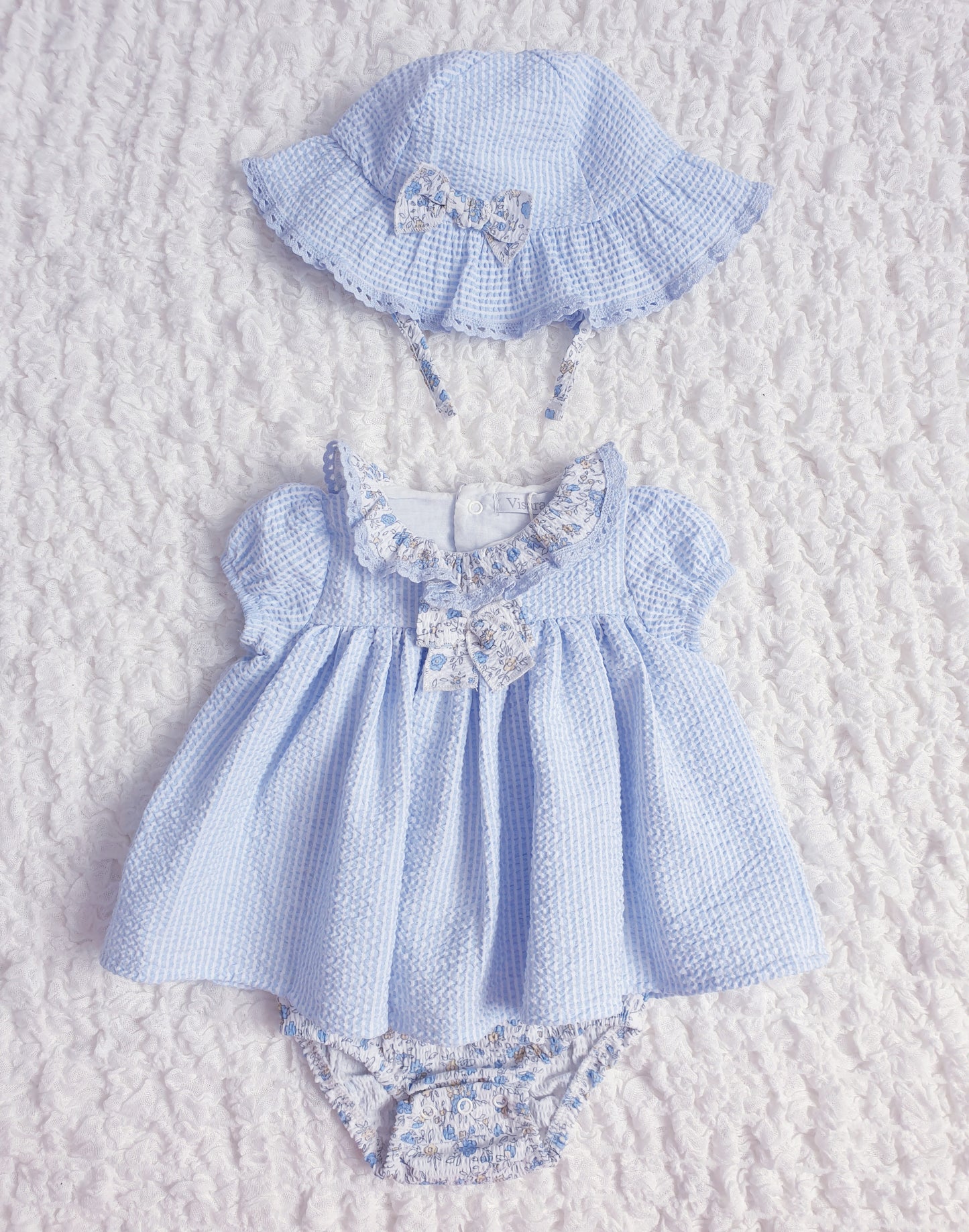 Baby Girls Blue Floral Dress Romper & Sun Hat