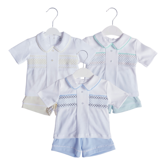 Baby Boys Spanish Smocked Shorts Set Blue Mint Lemon