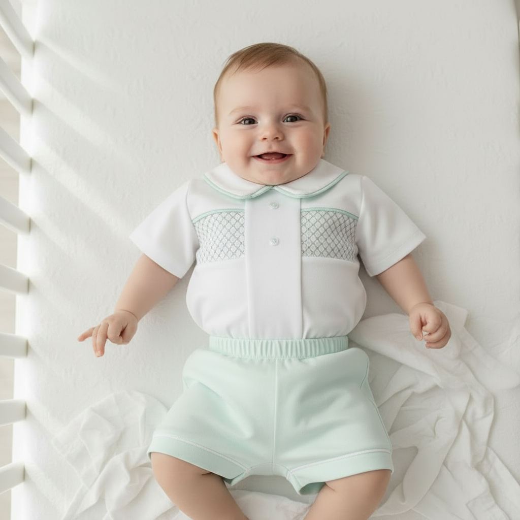 Baby Boys Spanish Smocked Shorts Set Blue Mint Lemon