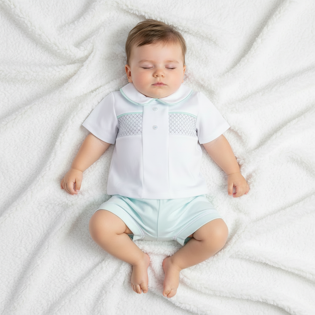 Baby Boys Spanish Smocked Shorts Set Blue Mint Lemon